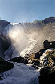 Norvegia altopiano dell'Hardanger, lungo la Flambahna la linea ferroviaria che scende all'Aurlandsfjord il treno si  fermato davanti ad una spettacolare cascata.